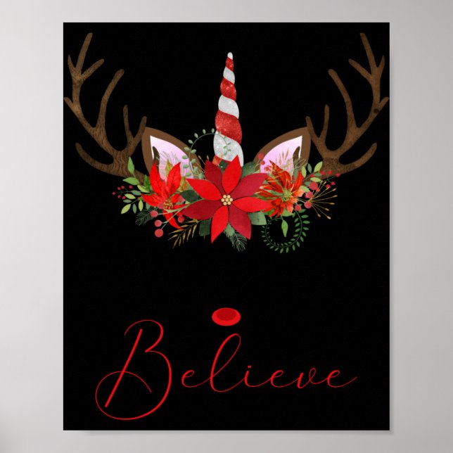 Believe Red White Insettia Reindeer Unicorn T Shir Poster (Front)