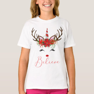 Believe Red & White Poinsettia Reindeer Unicorn T-Shirt