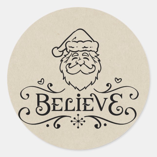 BELIEVE Rustic SANTA Christmas Holiday Favour Trea Classic Round Sticker (Front)