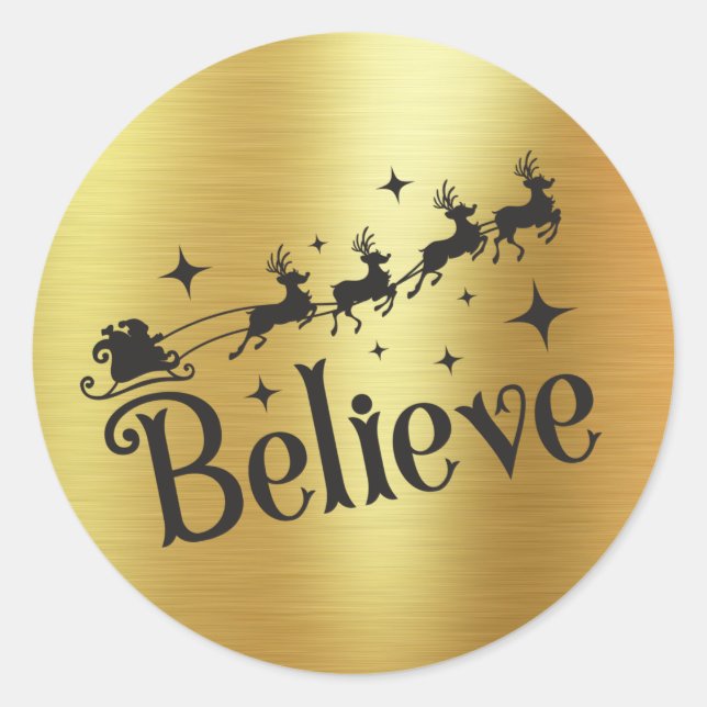 Believe | Santa And His Sleigh | Gold Foil Sticker (Front)