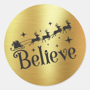 Believe   Santa And His Sleigh   Gold Foil Sticker