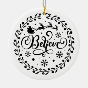 "Believe" Santa Claus Flying Sleigh Christmas Ceramic Ornament