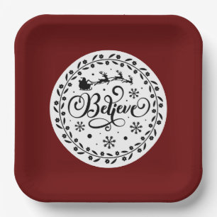 "Believe" Santa Claus Flying Sleigh Christmas Paper Plate