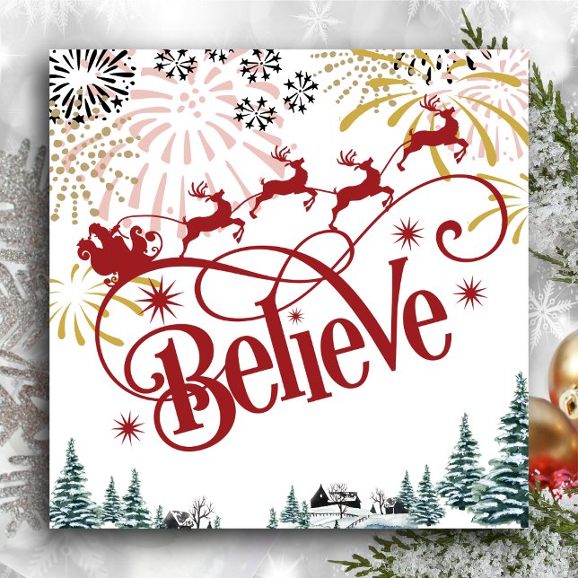 Believe | Santa Claus Sleigh With Flying Reindeers Holiday Card (Creator Uploaded)