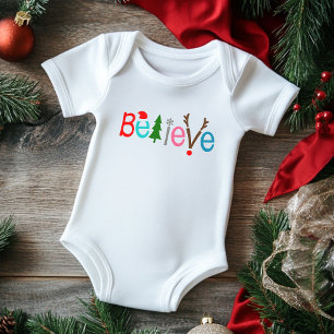 Believe Santa Hat Reindeer Antlers Christmas Baby Bodysuit