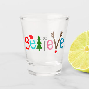 Believe Santa Hat Reindeer Antlers   Christmas Shot Glass