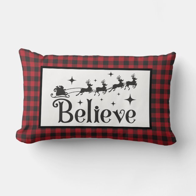 Believe - Santa Reindeer - Black Red Buffalo Plaid Lumbar Cushion (Front)