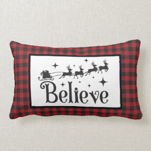 Believe - Santa Reindeer - Black Red Buffalo Plaid Lumbar Cushion