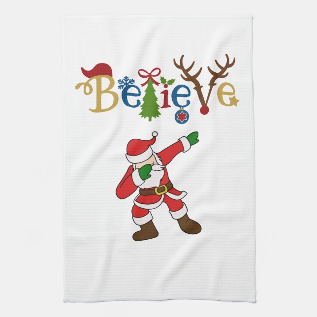 Believe, Santa Striking a Pose Tea Towel (Vertical)