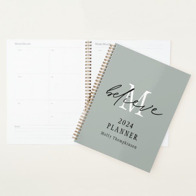Believe Script 2024 Monogram Initial Name Sage Planner (Display)