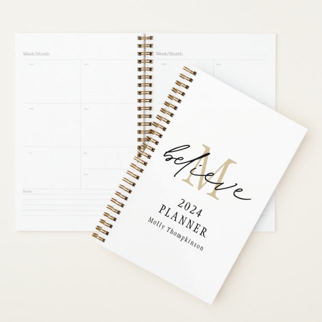 Believe Script 2024 Monogram Name Gold White Planner (Display)