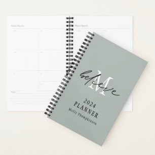Believe Script 2024 Name Monogram Initial Sage Planner