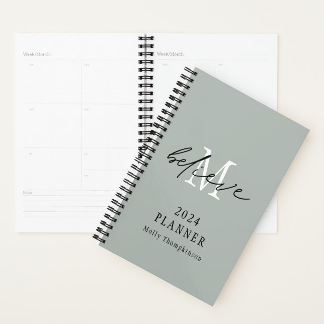 Believe Script 2024 Name Monogram Initial Sage  Planner (Display)