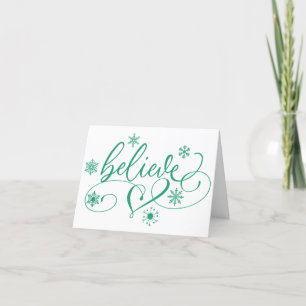 Believe Script   Green Christmas Snowflake Swirls Holiday Card