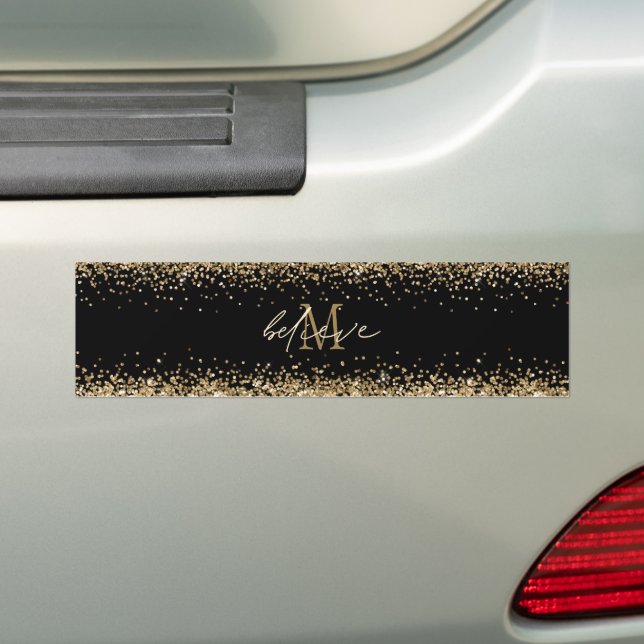 Believe Script Monogram Initial Gold Glitter Black Bumper Sticker (On Car)
