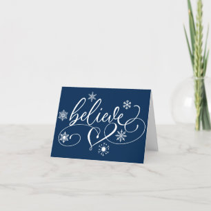 Believe Script   Navy Blue Christmas Snowflake Holiday Card