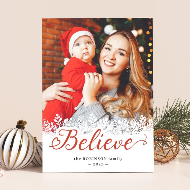 Believe Script Snowflakes Overlay Christmas Photo Holiday Card (Creator Uploaded)