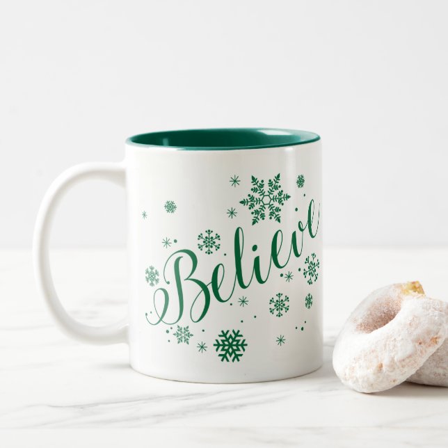 "Believe" Snowflake Holiday Graphic Mug, Green Two-Tone Coffee Mug (With Donut)