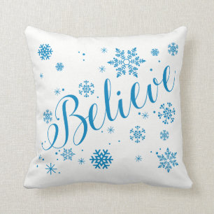 "Believe" Snowflake Holiday Graphic Pillow, Blue Cushion