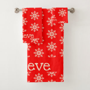 Believe Snowflake Pattern Red White Bath Towel Set