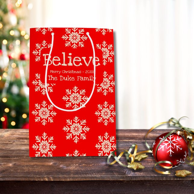 Believe | Snowflakes Pattern | Red and White  Medium Gift Bag (Creator Uploaded)