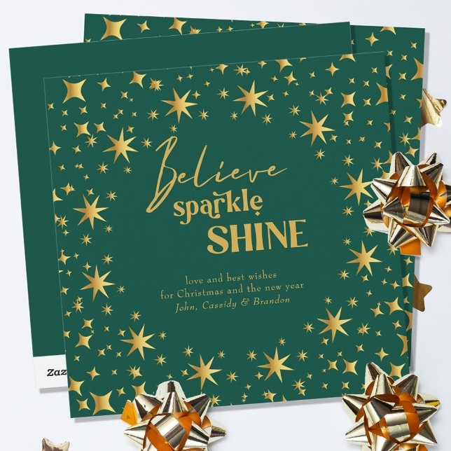 Believe Sparkle Shine Elegant Green and Gold Stars Holiday Card (Creator Uploaded)