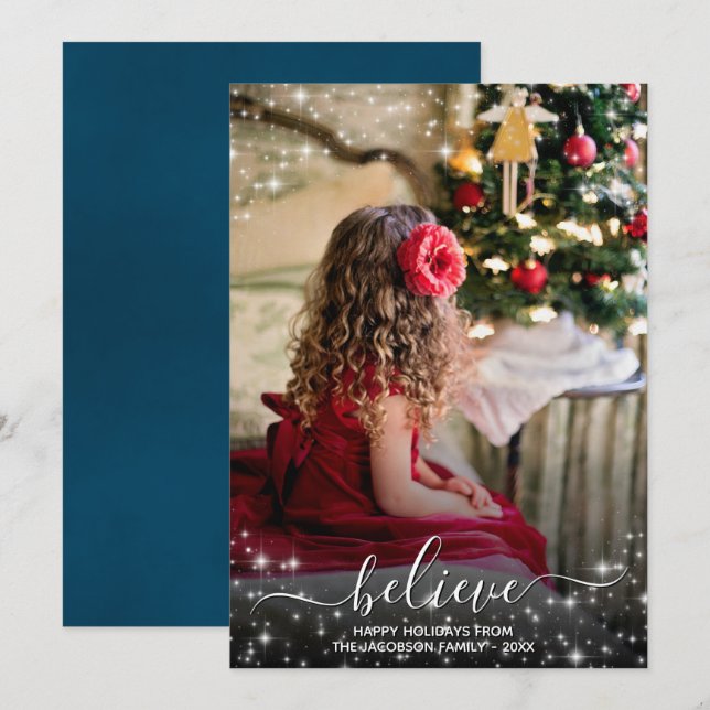 Believe - Sparkle Stars Photo Blue Christmas Holiday Card (Front/Back)