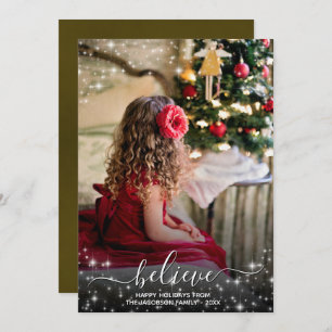 Believe - Sparkle Stars Photo Gold Christmas Holiday Card
