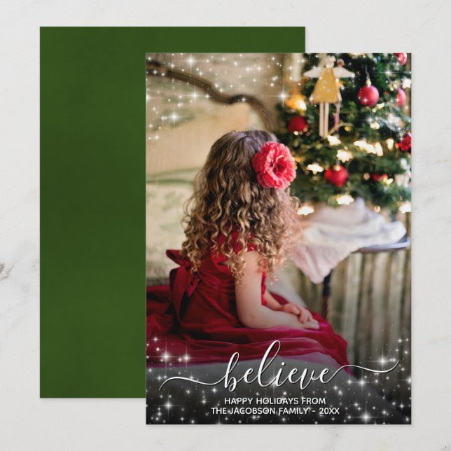 Believe - Sparkle Stars Photo Green Christmas Holiday Card (Front/Back)