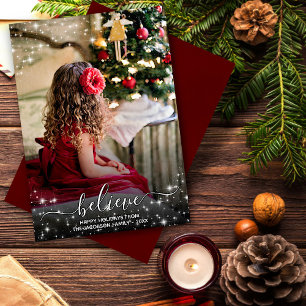 Believe - Sparkle Stars Photo Red Christmas Holiday Card