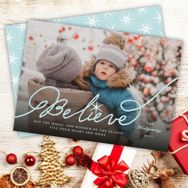 Believe Star Aqua Blue Calligraphy Christmas Photo Holiday Card (Creator Uploaded)