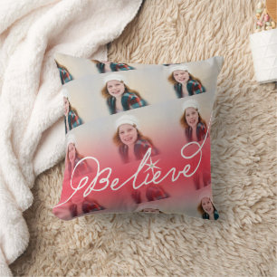 Believe Star Red Ombre Christmas Photo Collage Cushion