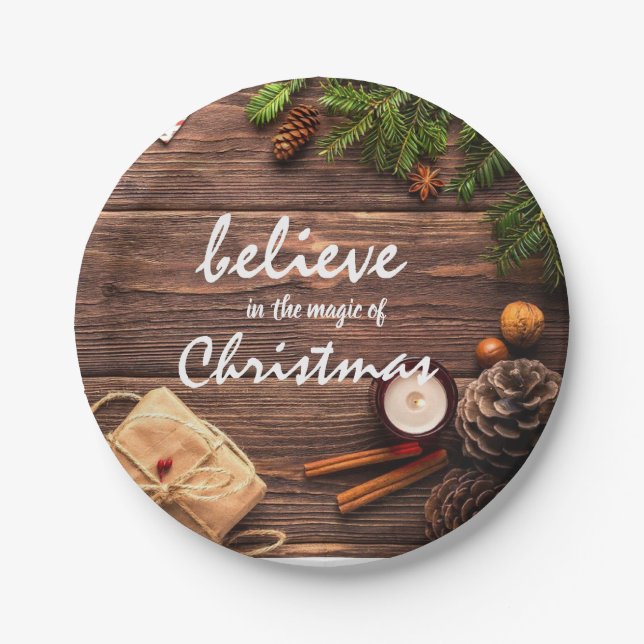 Believe The Magic Of Christmas Holiday Rustic Paper Plate (Front)