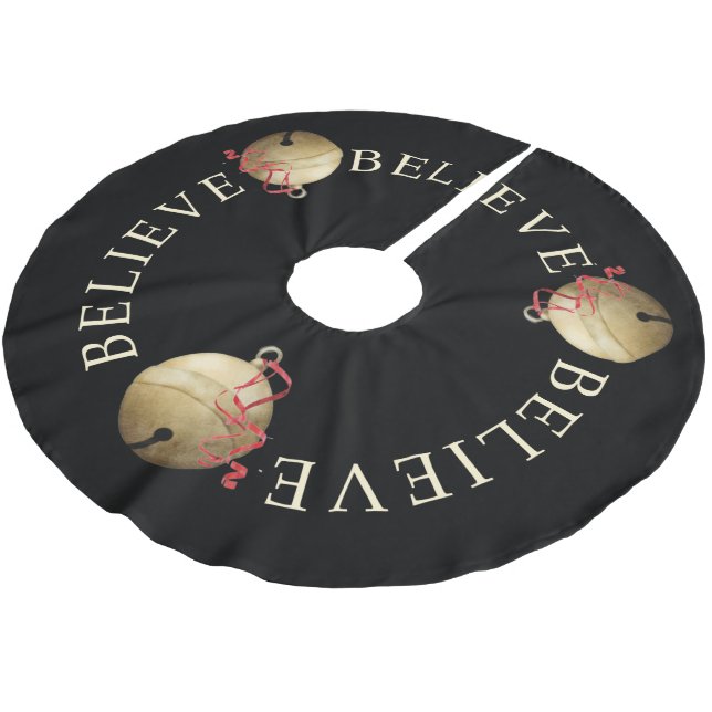 BELIEVE typography with Christmas Jingle Bells Brushed Polyester Tree Skirt (Angled)