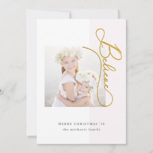 Believe Typography with Photo and Blush Stripe Holiday Card