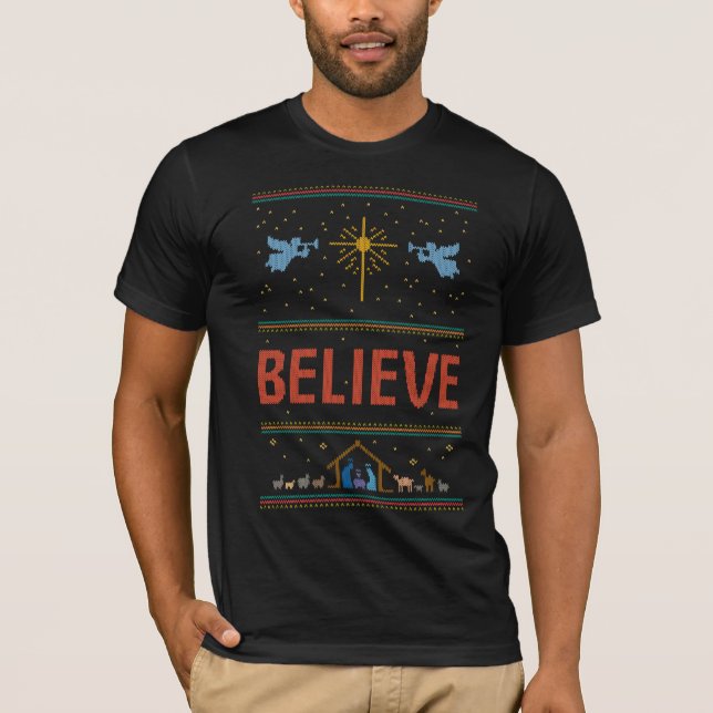BELIEVE Ugly Christmas Sweater Jesus God Christian (Front)