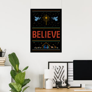 BELIEVE Ugly Christmas Sweater Religious Christian Poster