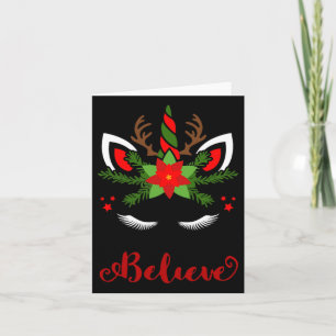 Believe Unicorn Reindeer Face Cute Christmas Santa Card