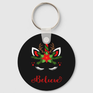 Believe Unicorn Reindeer Face Cute Christmas Santa Key Ring