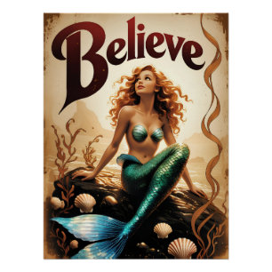 Believe Vintage Mermaid Art Ocean Dream Poster