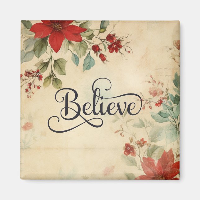 'Believe' Vintage Red Poinsettia Floral Christmas Magnet (Front)