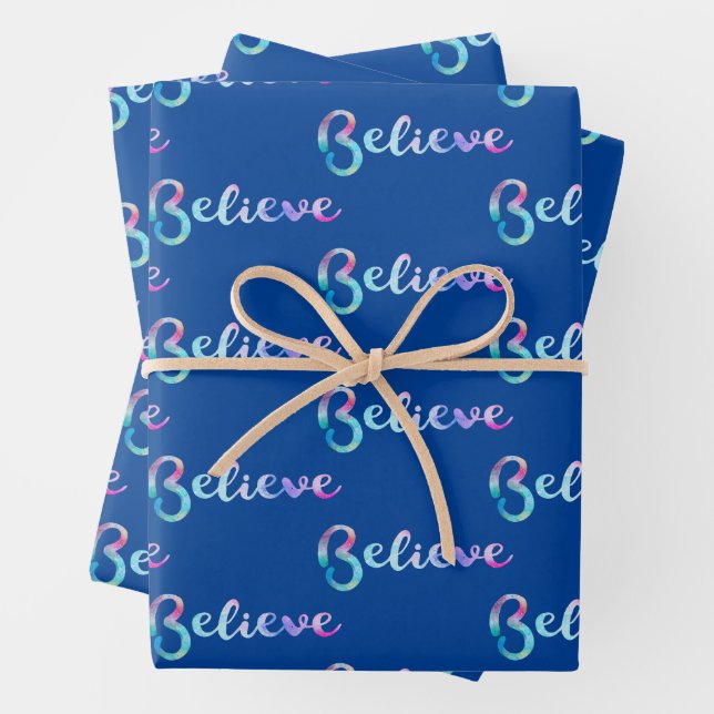 Believe Watercolor Typography Art Wrapping Paper Sheet (In situ)
