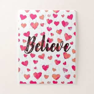 Believe Watercolor Typography Hearts Art  Jigsaw Puzzle