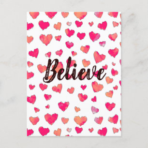 Believe Watercolor Typography Hearts Art Postcard