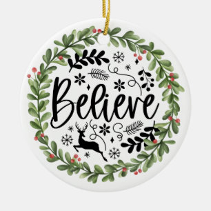 Believe Watercolor Wreath Ceramic Ornament