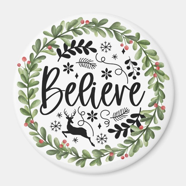 Believe Watercolor Wreath Magnet (Front)
