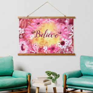 Believe Whimsical Floral Pink Red Yellow Hanging Tapestry