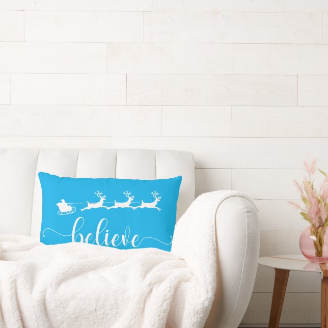 Believe | Winter Blue Christmas Holiday Lumbar Cushion (Couch)