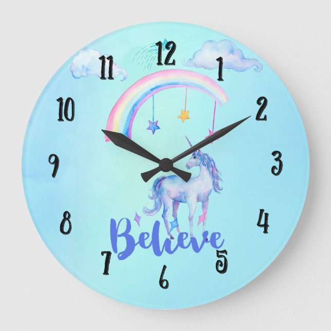 Believe with a Unicorn Under a Rainbow Large Clock (Front)