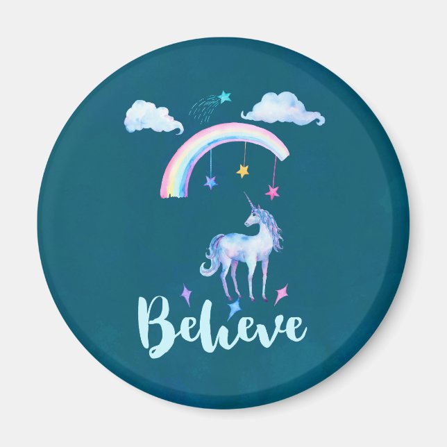 Believe with a Unicorn Under a Rainbow Magnet (Front)